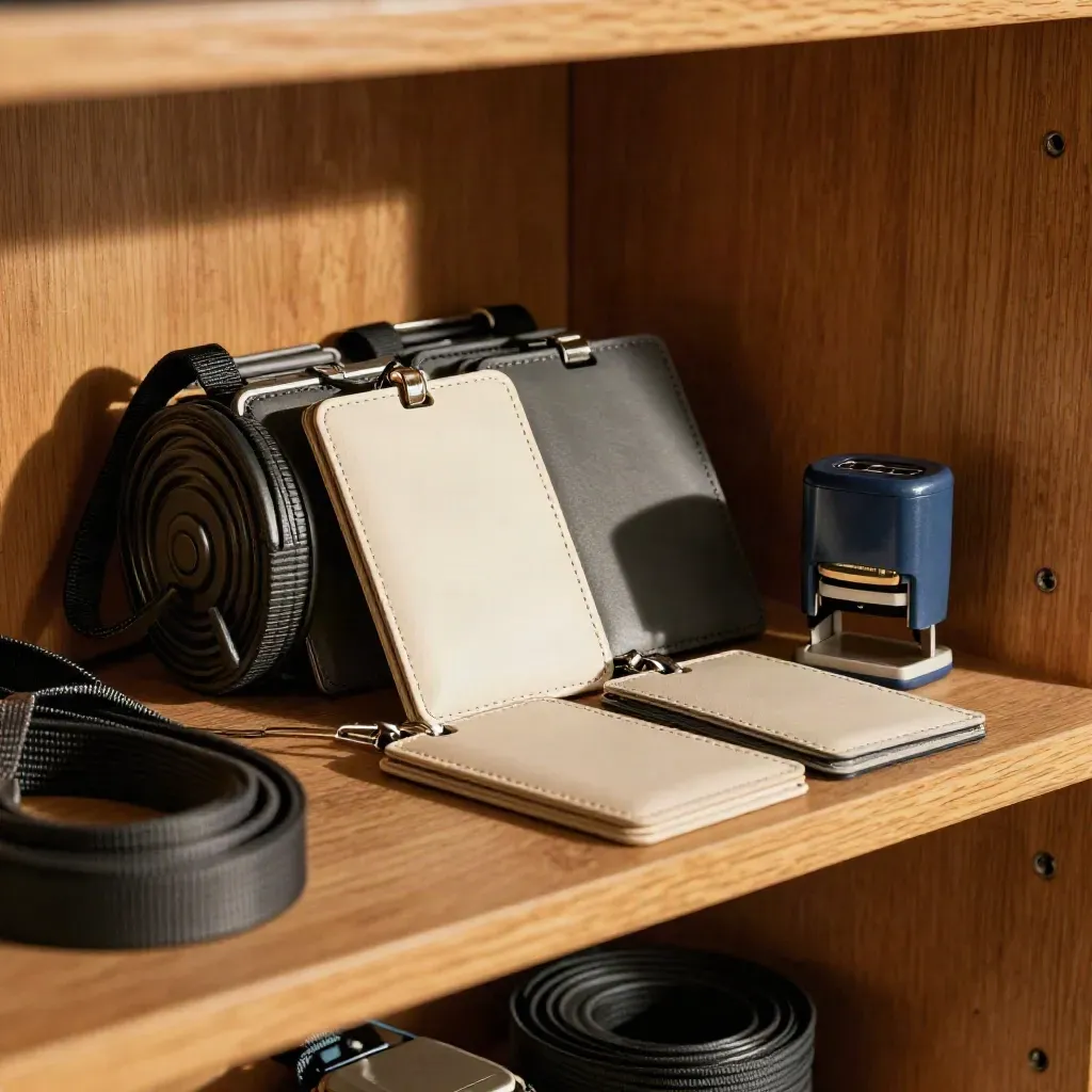 Lanyard reels, blank cohort wallets and a portable stamp case on a warm oak shelf in dramatic light.
