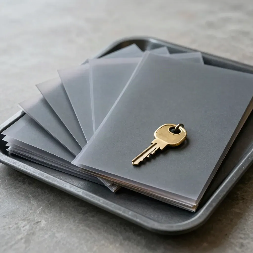 Brass key ring and translucent archive sleeves on honed slate, seen from above