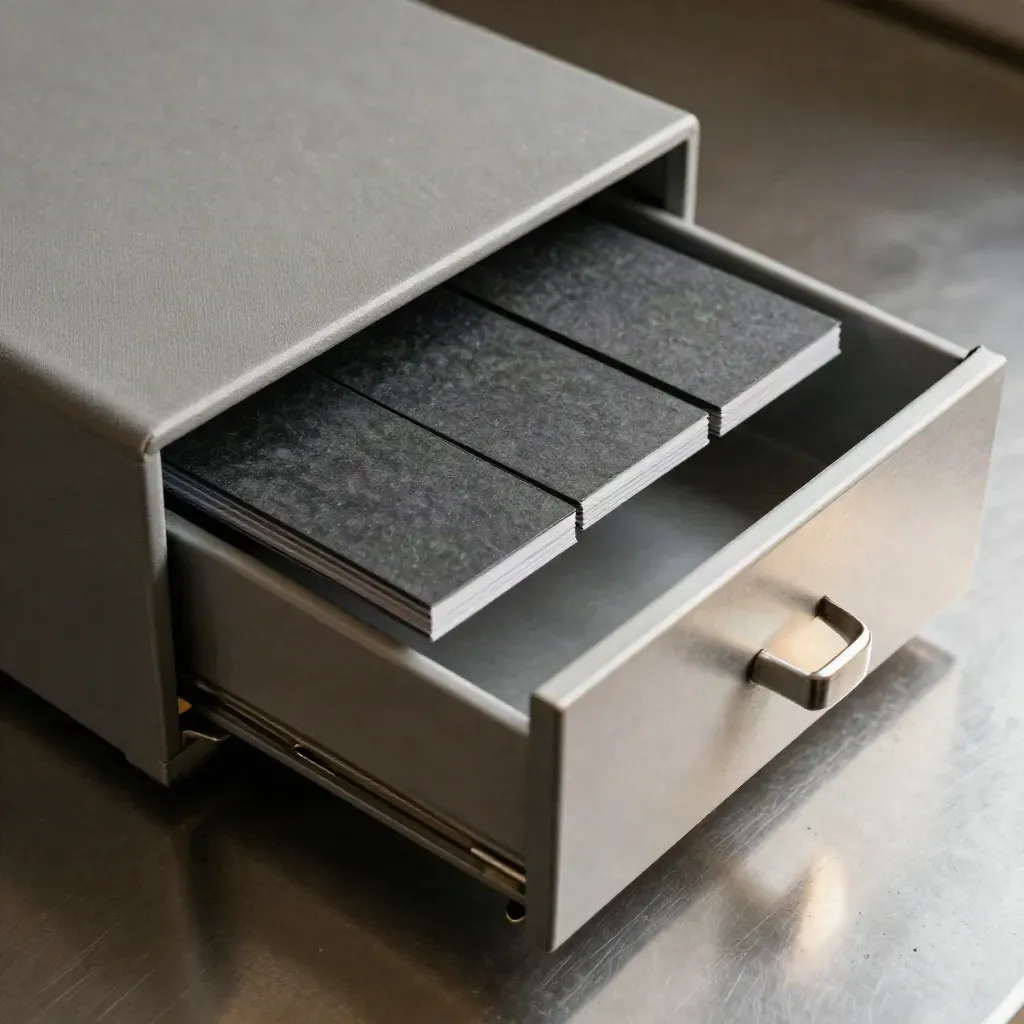 Slightly open registry drawer, cloth register, and three divider tabs on brushed steel.