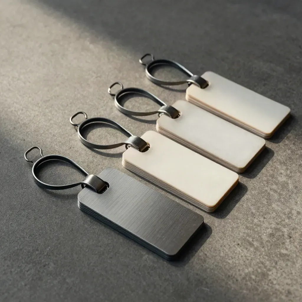 Top-down flat lay of enrolment tags, cable ties and machined labels on dark concrete.