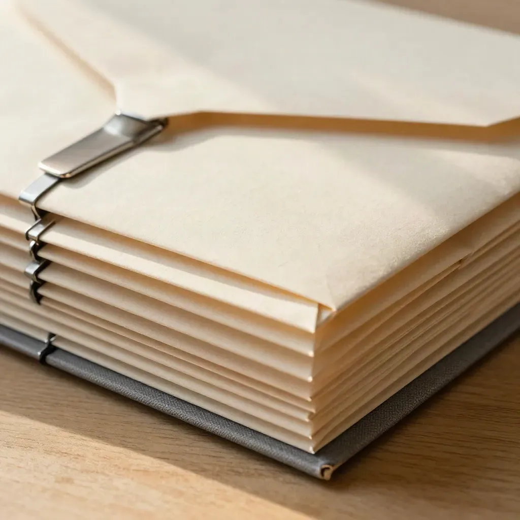 Macro still life of envelopes, a clip rail and binder spine on pale wood.