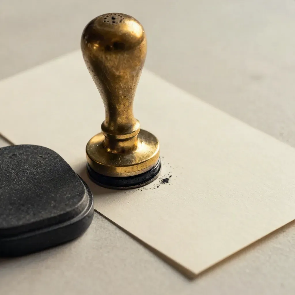 Brass date stamp, blank applicant card, and ink pad on stone in a macro product shot.