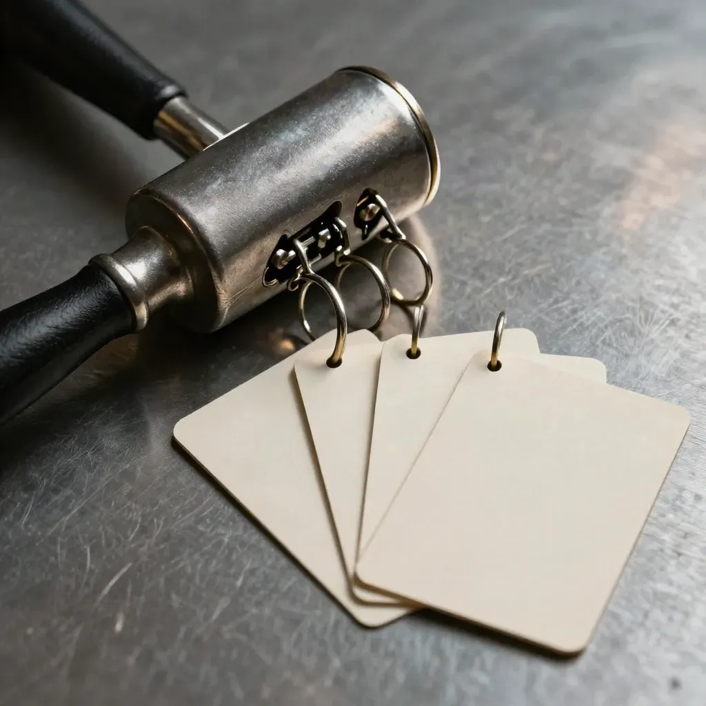 Extreme macro of a steel enrolment punch, blank badges, and binder loops on brushed metal.