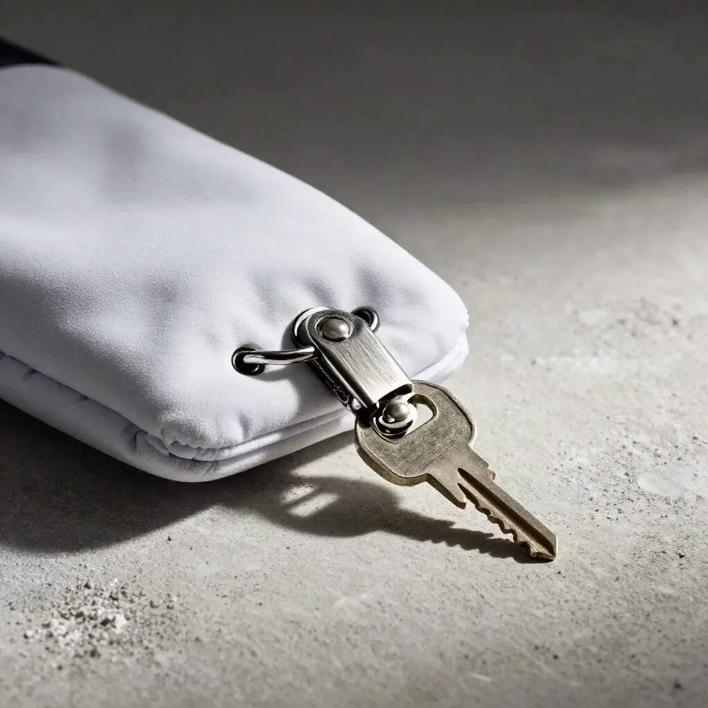Frosted ID sleeve, lanyard clasp, and locker key on pale concrete.