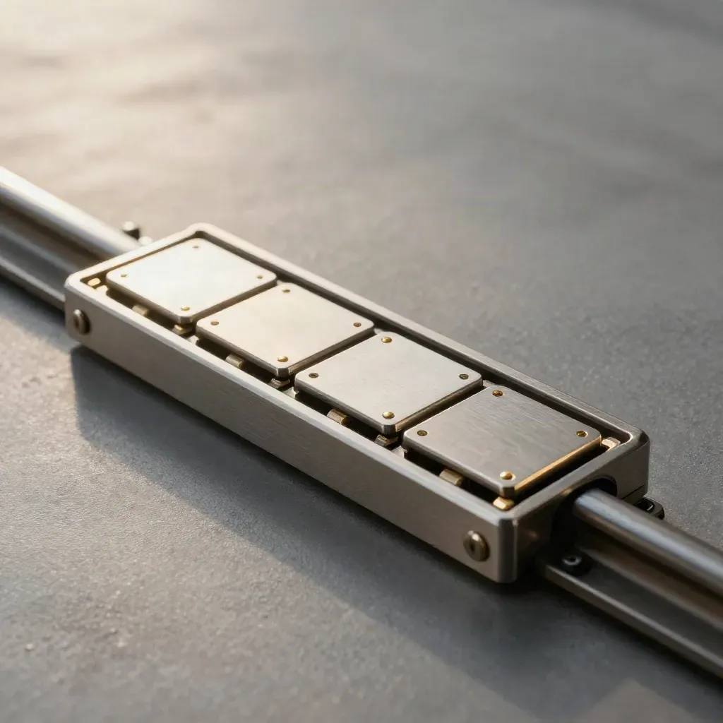 Top-down macro of an aluminium timetable rail with blank slot chips and gold accents.