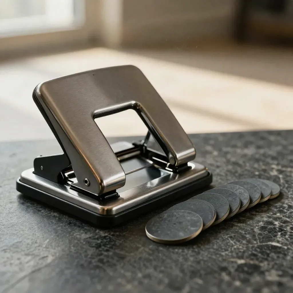 A close side-on hole punch, punched disc tray and slate tokens on dark stone