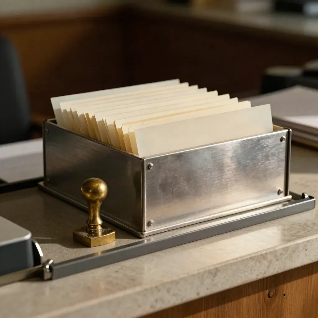 Admissions tray, brass stamp and folder tabs seen through a blurred file edge