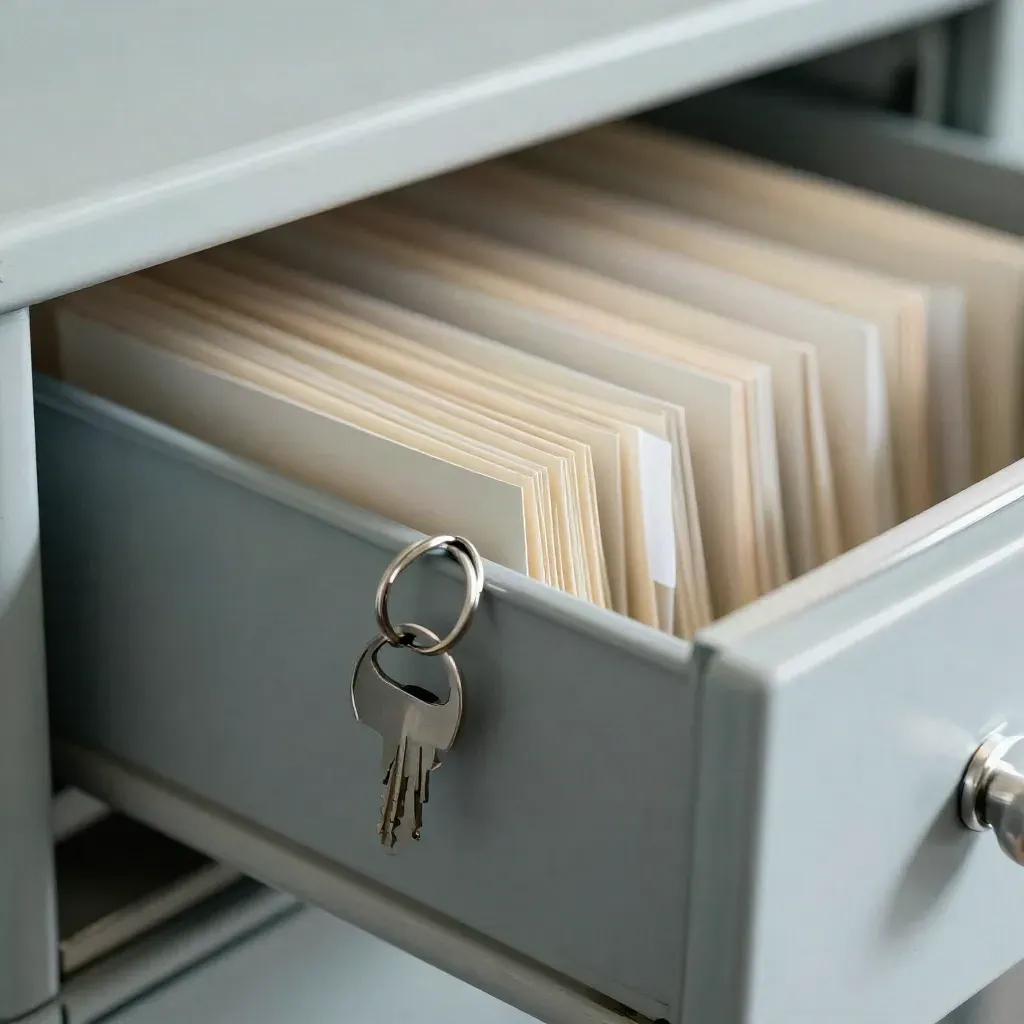 Macro still life of registry drawer, archive sleeves and key ring seen through a blurred binder loop