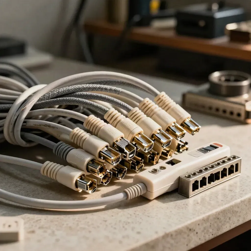 Network patch cables, RJ45 ends, tester and terminal block on a pale stone workbench.