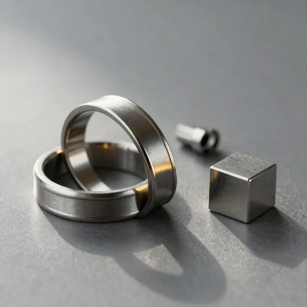 Linked metal rings, connector sleeve, and cube block on graphite with soft light