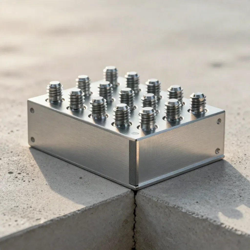 Top-down macro of aluminium brackets, dowels, and a spacer block on pale concrete.