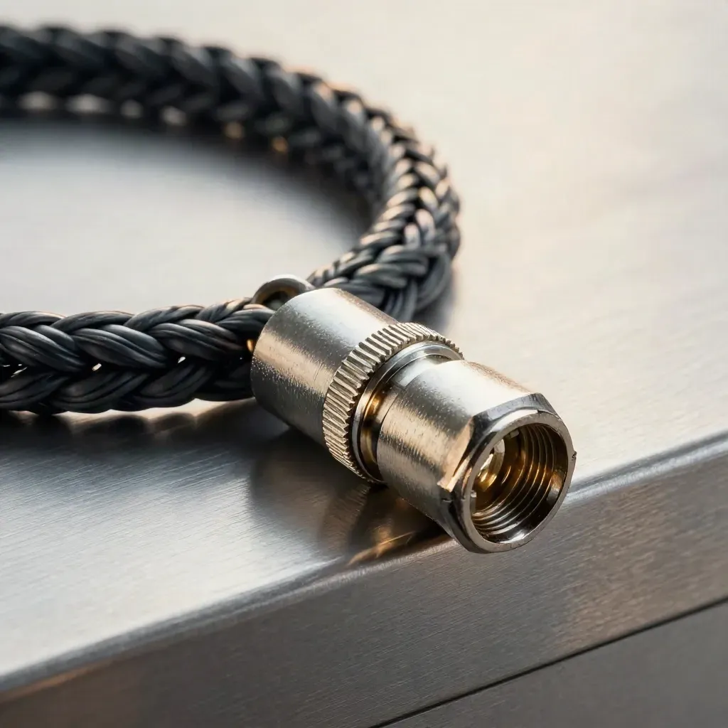Braided cable, couplers and socket fitting aligned on brushed steel under skimming light.