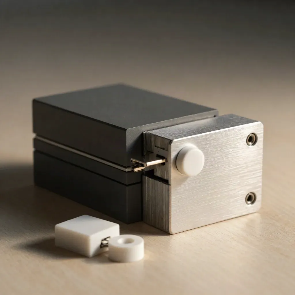 Modular blocks linked by a bridge connector on pale wood, lit as a premium still life.