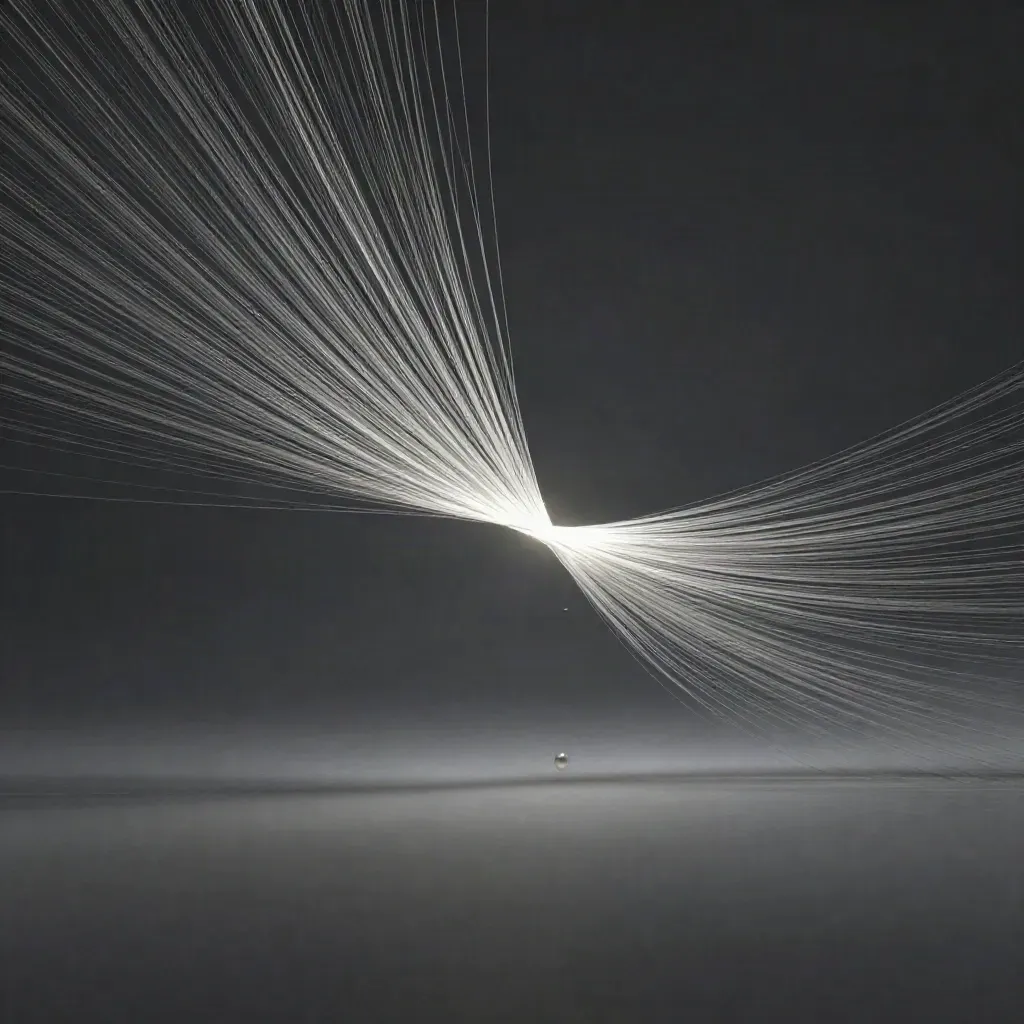 Silver filaments converge into a white bloom in charcoal haze, with calm space for copy.